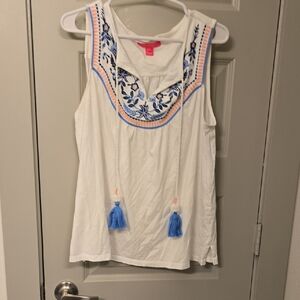 Lilly Pulitzer White Tank Top with Blue Embroidery